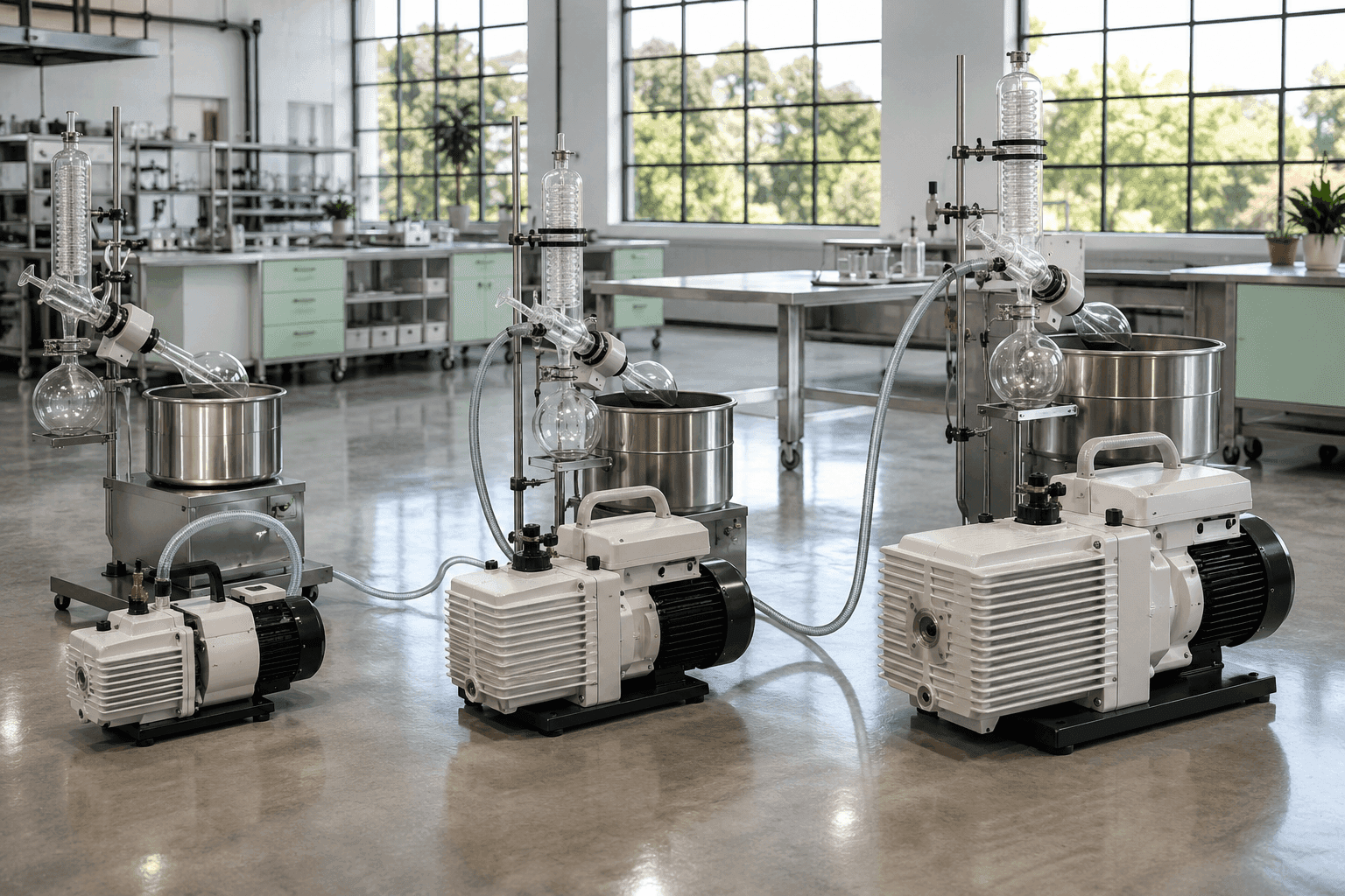 Laboratory rotary evaporator systems connected to vacuum pumps inside a modern research laboratory.