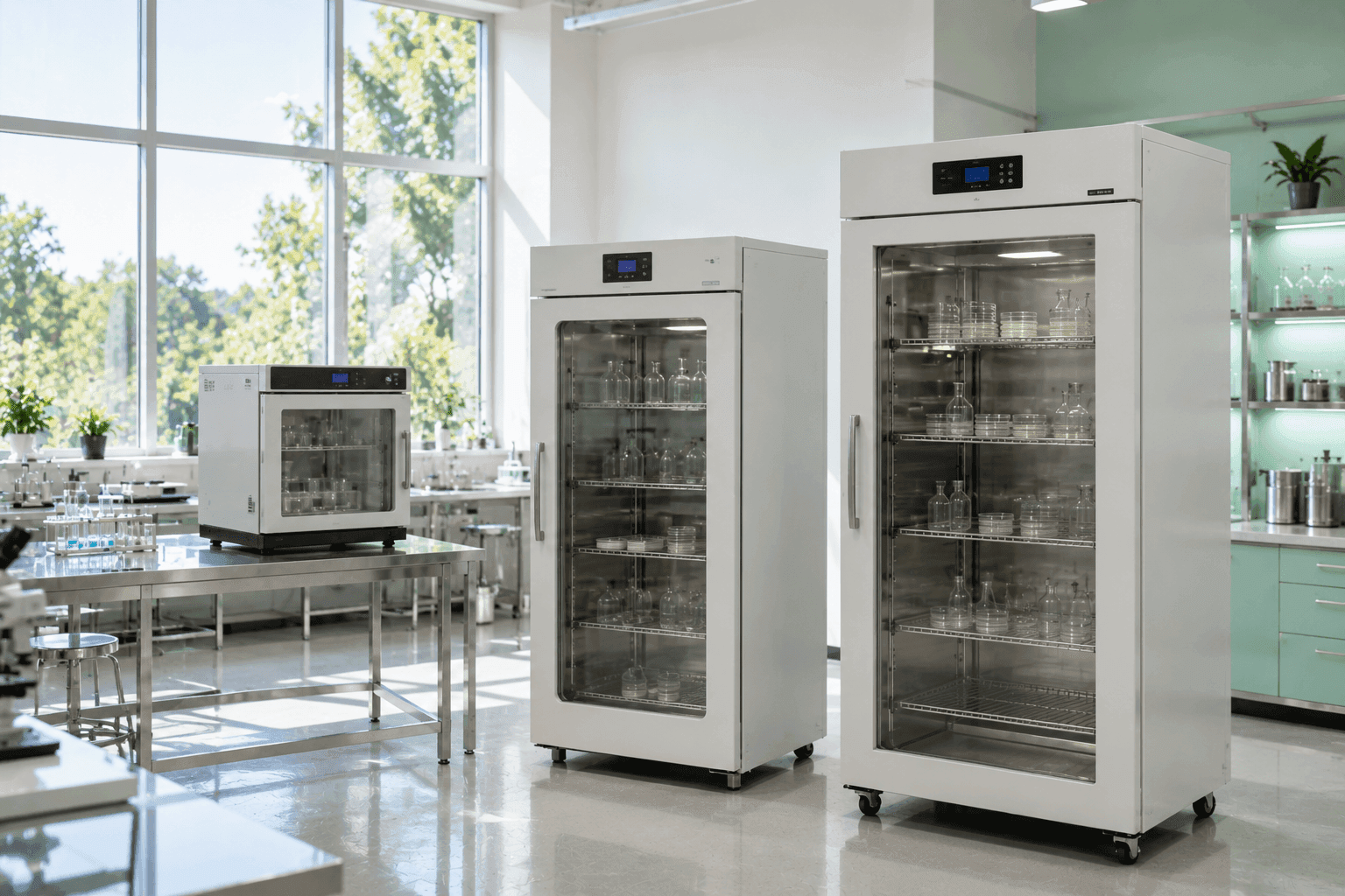 Laboratory-grade refrigerated incubators and storage cabinets displayed in a modern research laboratory.