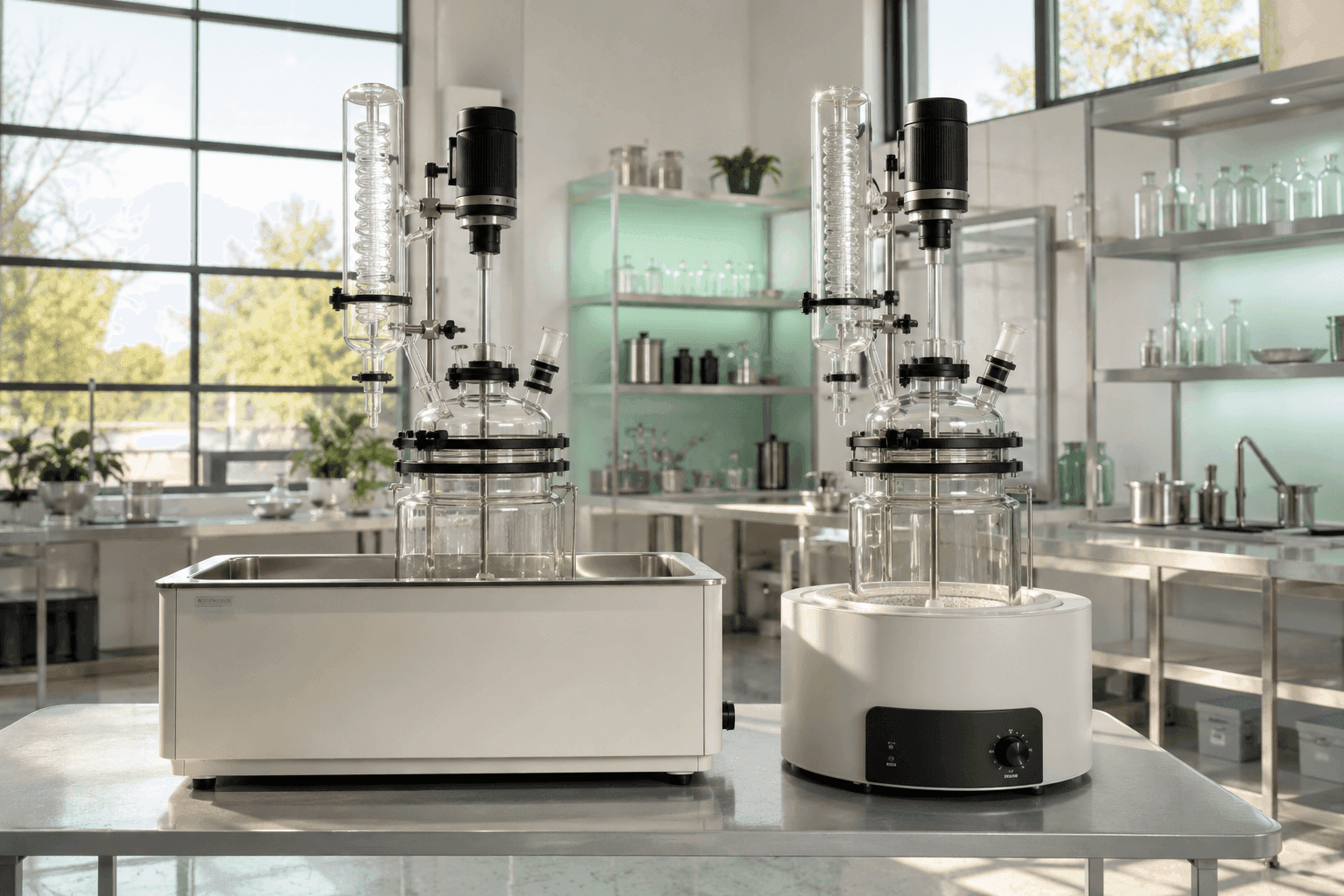 Laboratory glass reactor systems with overhead stirrers and condensers mounted on heated bath units.
