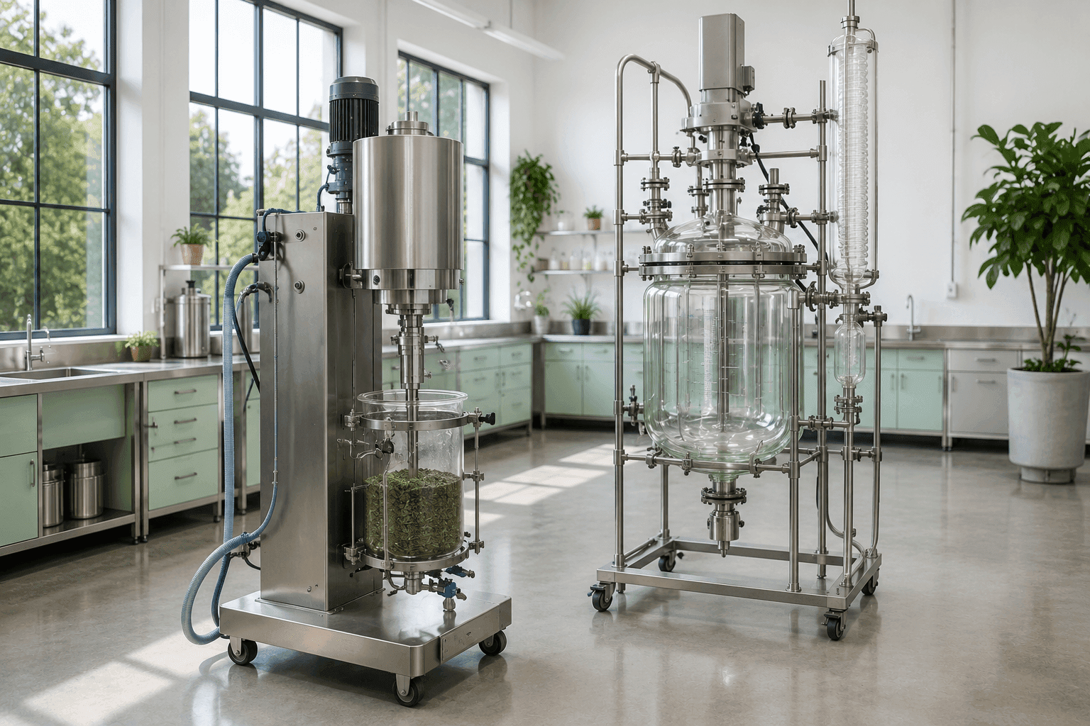Glass jacketed laboratory reactor with overhead mixer and condenser beside powder processing equipment.