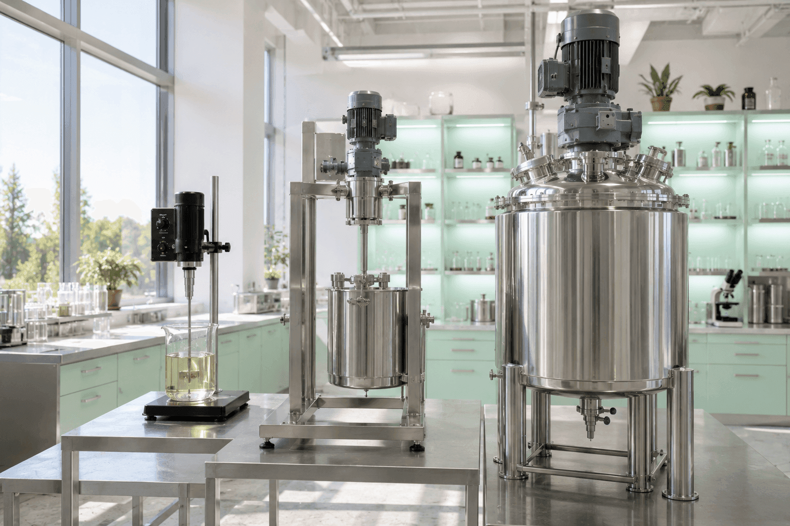 Laboratory high shear mixer positioned beside a stainless steel mixing vessel in a research laboratory.