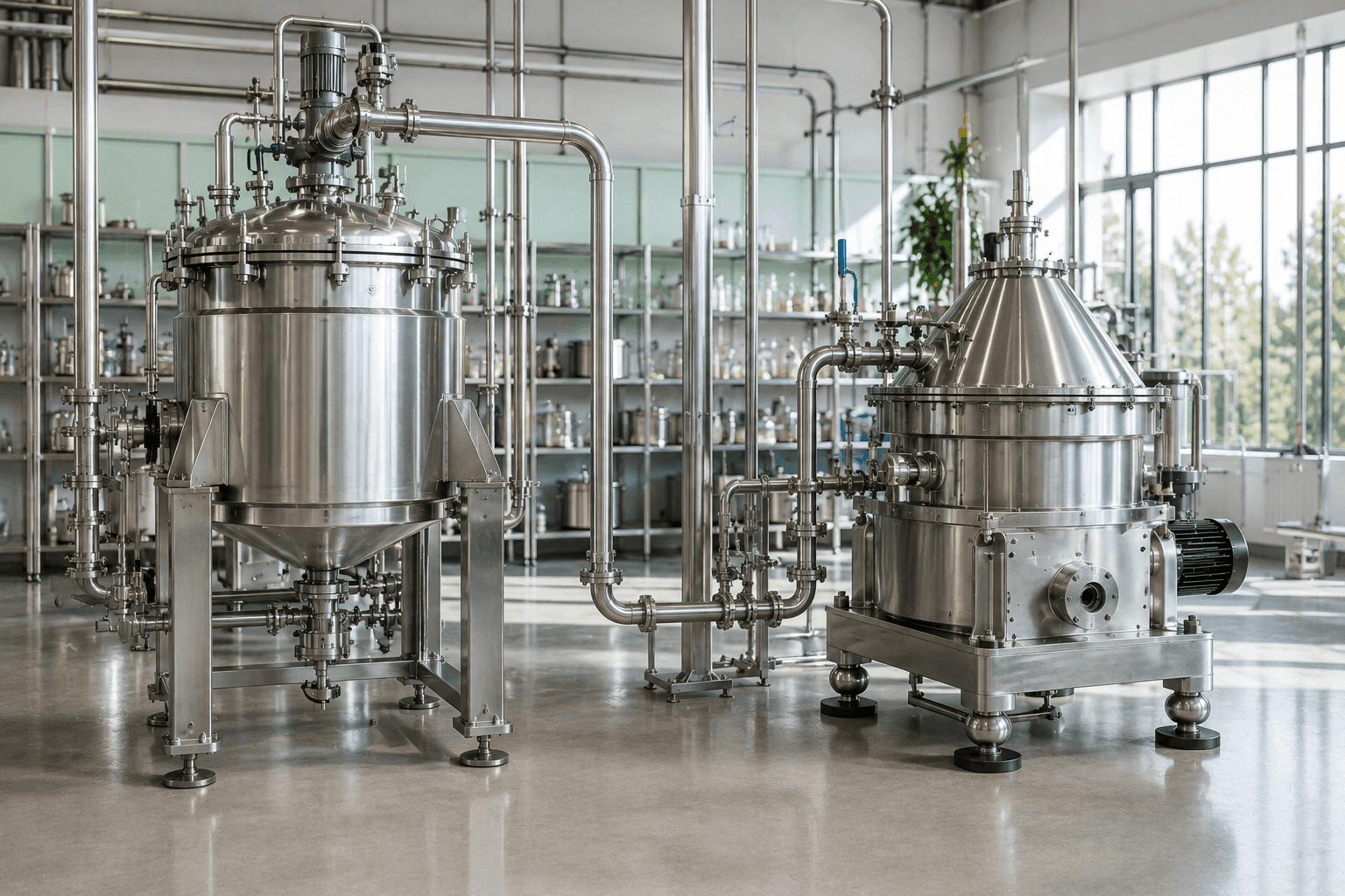 Stainless steel reactor vessels connected with sanitary process piping in a laboratory facility.