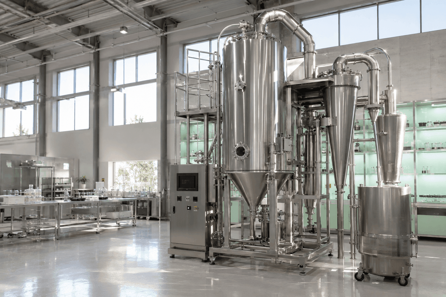 Stainless steel laboratory spray drying system installed inside a modern research laboratory.