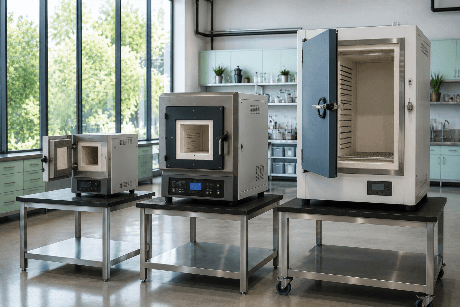 Benchtop and floor-standing laboratory muffle furnaces with insulated heating chambers open for display.