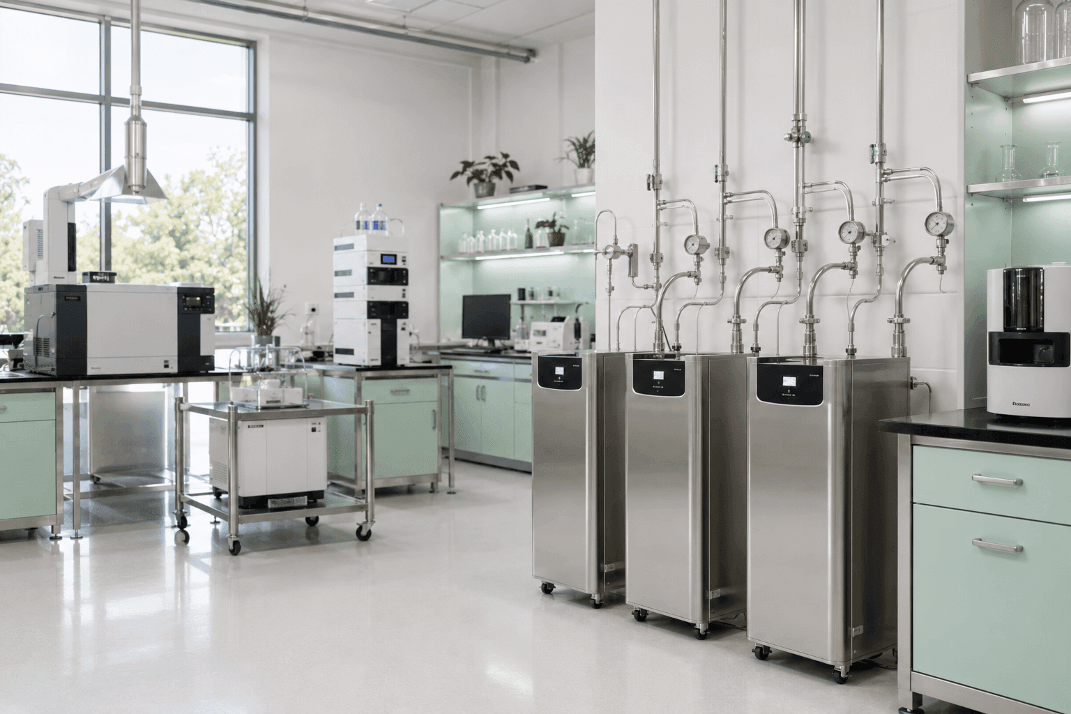 Laboratory gas generation systems connected to stainless steel gas distribution lines in an analytical laboratory.