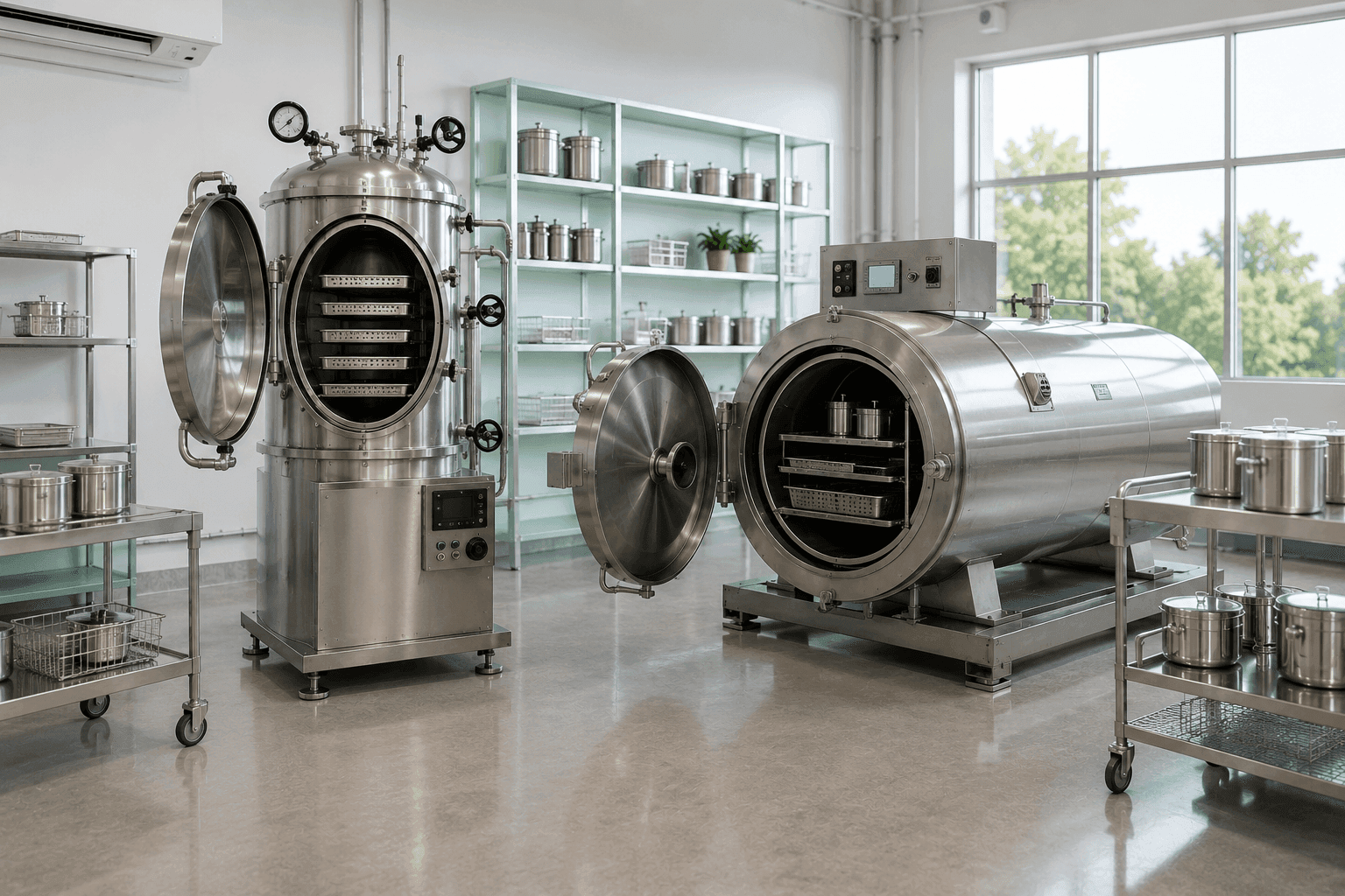 Large vertical and horizontal laboratory autoclaves with open sterilization chambers in a clean laboratory.