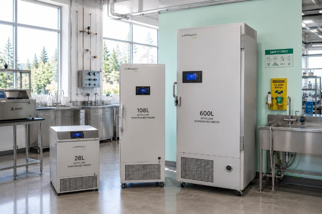 Ultra-low temperature freezers in 28L, 108L, and 600L capacities displayed in a laboratory environment