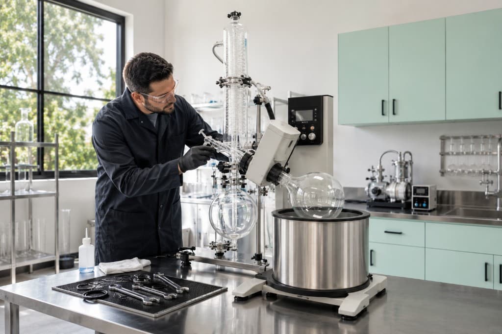 Laboratory technician operating a rotary evaporator system