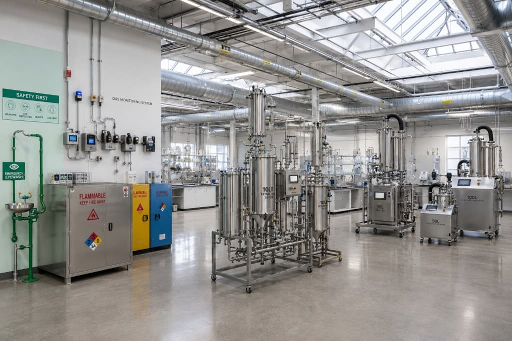 Industrial extraction and solvent recovery systems on a production floor