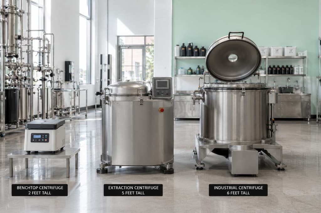 Benchtop, extraction, and industrial centrifuges shown side by side for size comparison