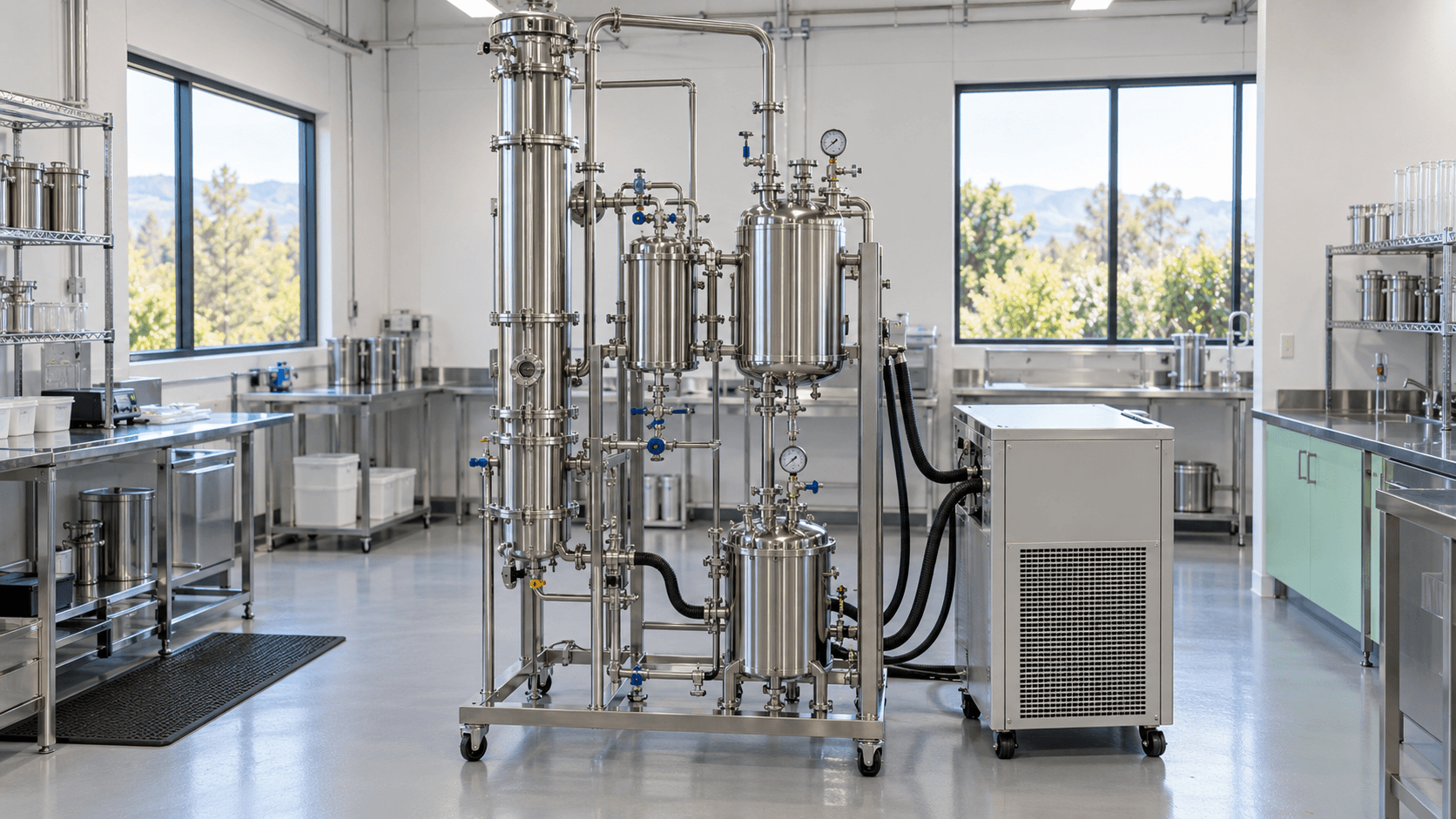 Stainless steel laboratory distillation equipment with vertical column, processing vessels, gauges, piping, vacuum pump, and chiller.