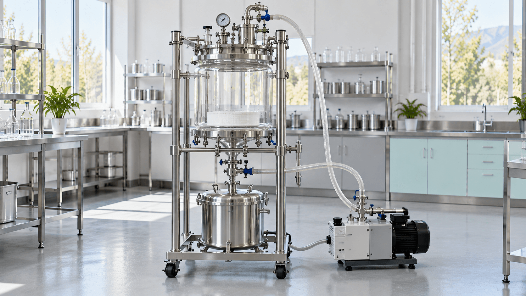 Stainless steel laboratory extraction system with glass vessel, vacuum pump, and processing equipment in a clean lab.