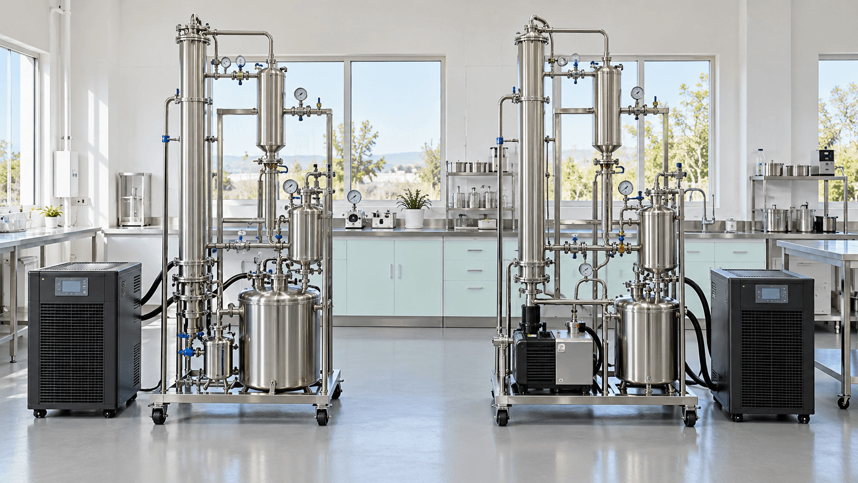 Two stainless steel laboratory distillation systems with vertical columns, collection tanks, gauges, and cooling units.
