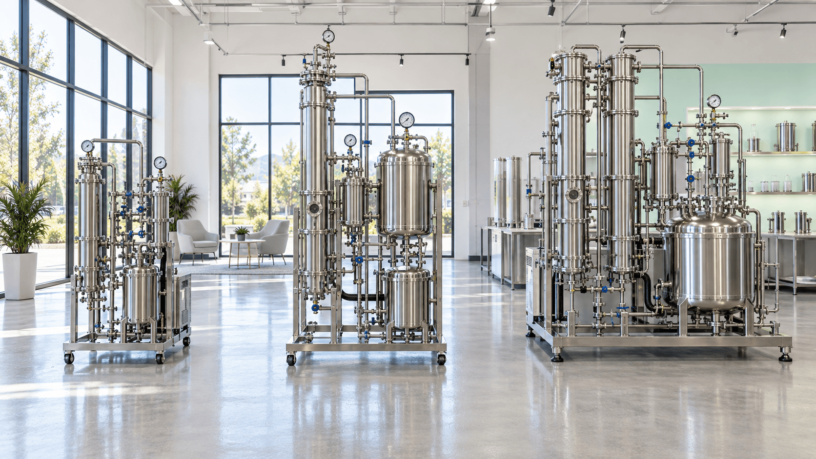 Three industrial stainless steel distillation systems with columns, tanks, gauges, piping, and cooling equipment.
