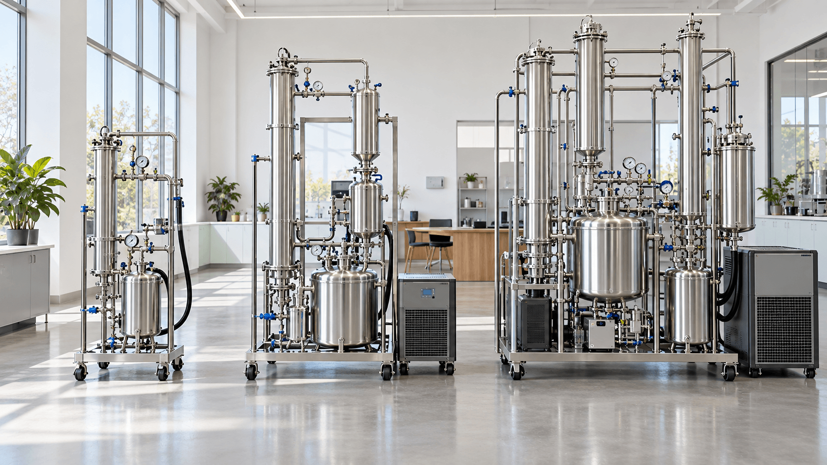 Three stainless steel laboratory distillation systems in different sizes displayed side by side.