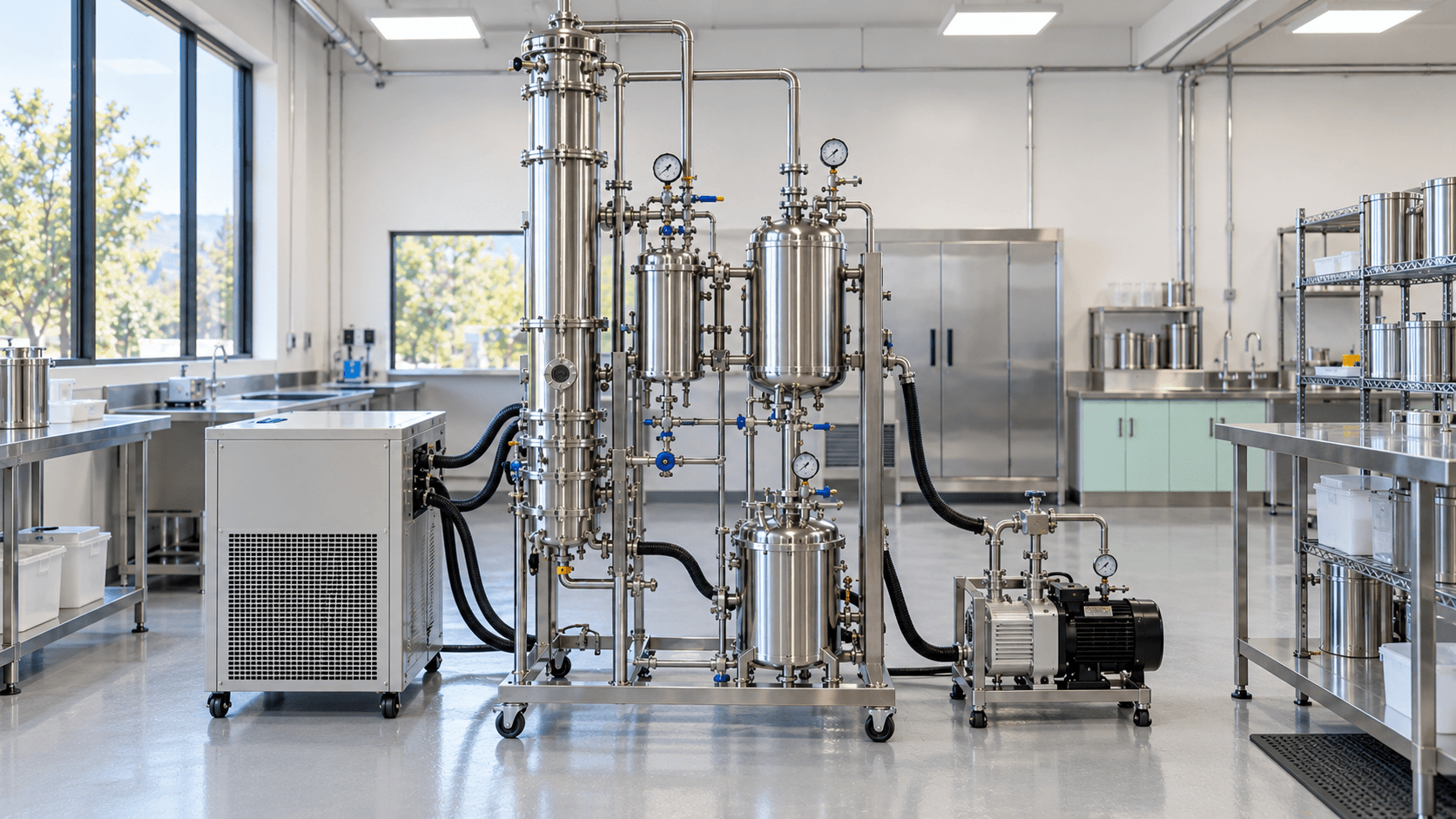 Stainless steel laboratory distillation system with columns, collection vessels, gauges, vacuum pump, and chiller.