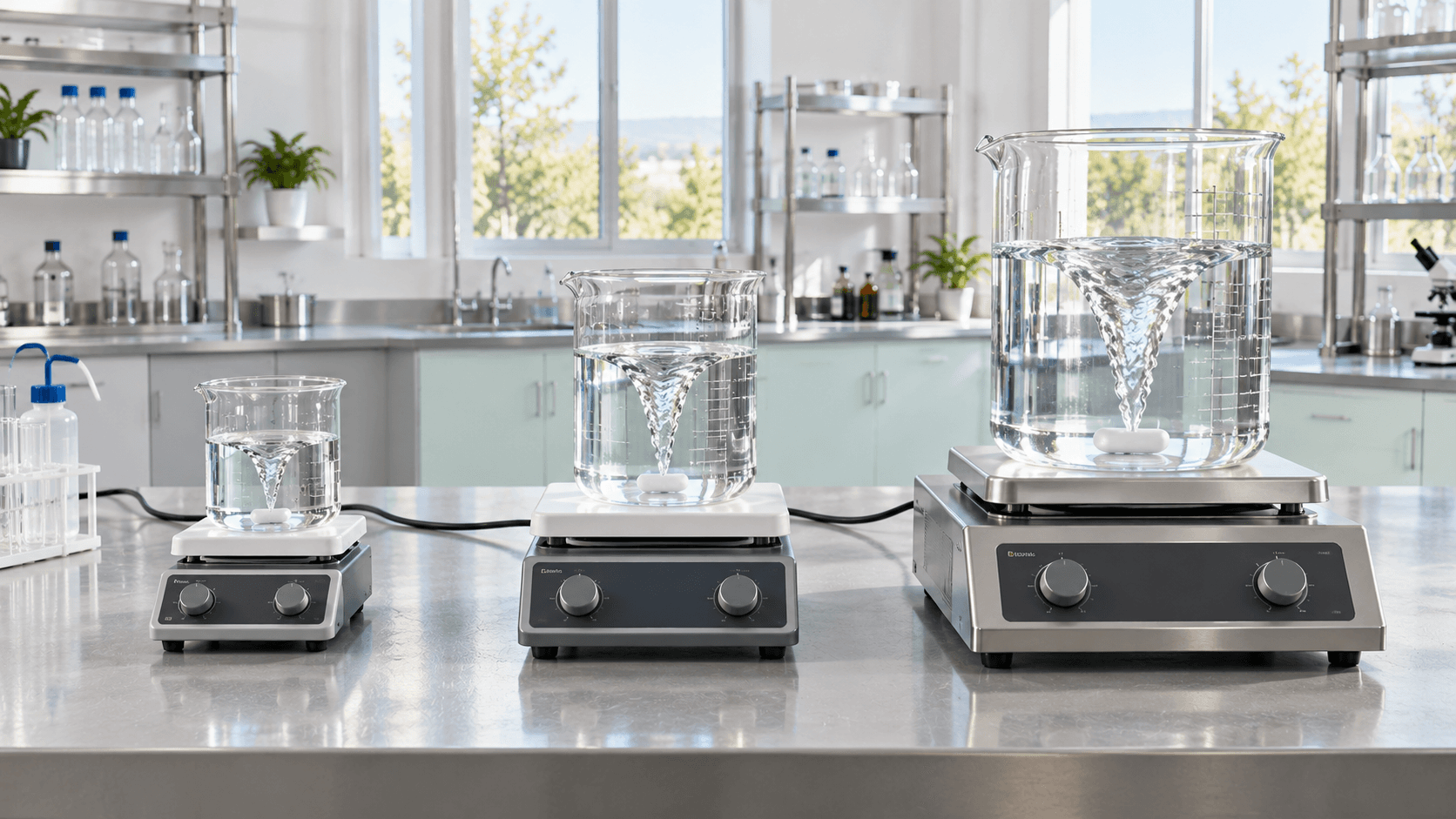 Three magnetic stirrers mixing clear liquid in laboratory beakers of different sizes.