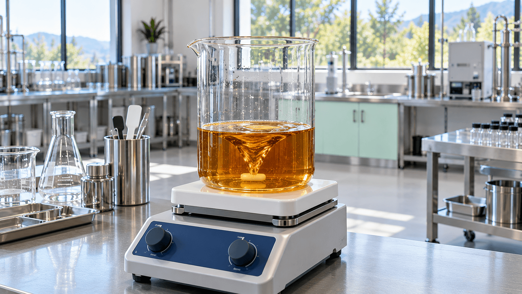 Glass laboratory beaker containing amber liquid on a magnetic hot plate stirrer.