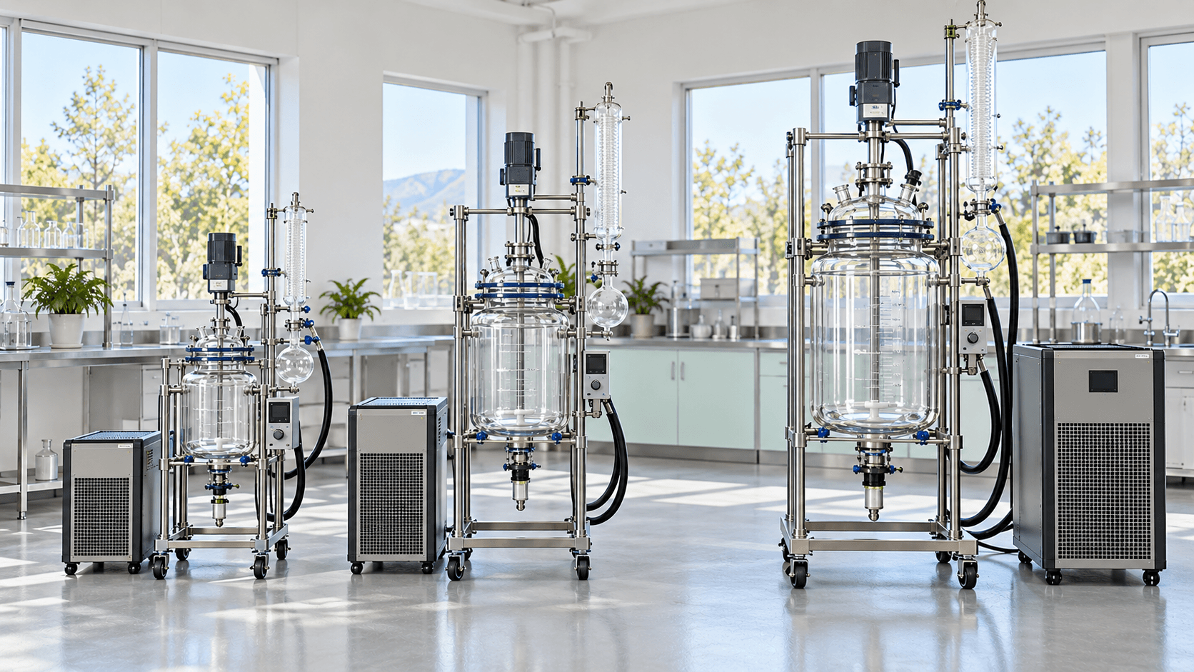 Three glass laboratory reactor systems in different sizes with condensers, motors, and temperature control units.
