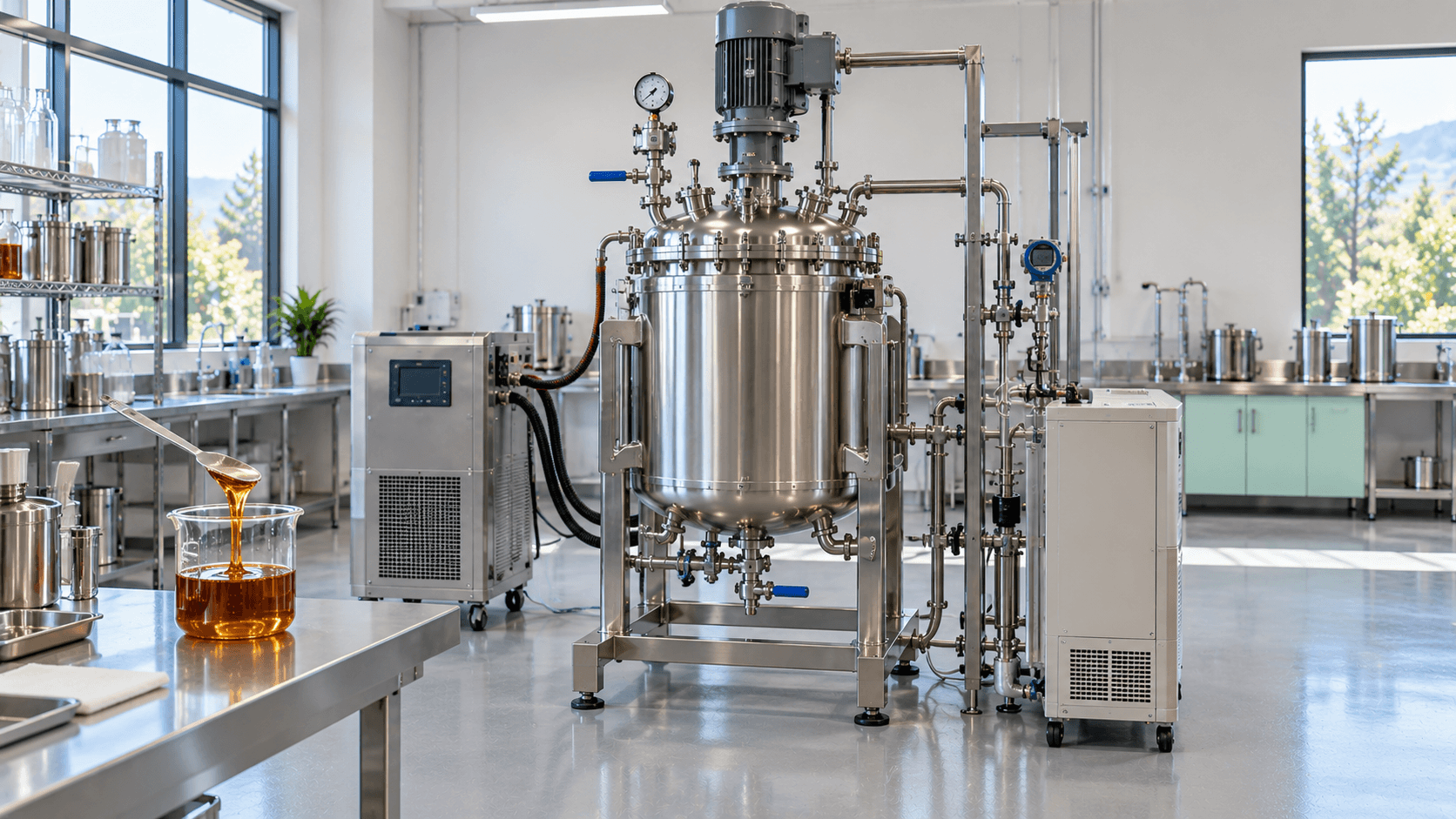 Stainless steel processing reactor with motor, piping, gauges, and temperature control equipment in a laboratory.