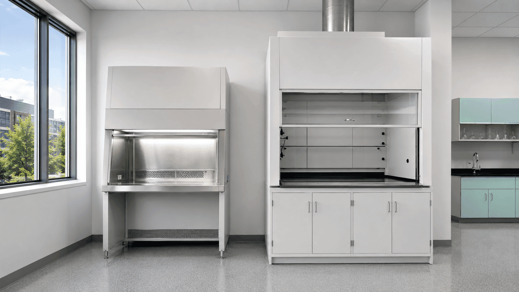 Stainless steel laboratory fume hood beside a larger enclosed laboratory workstation with storage cabinets.