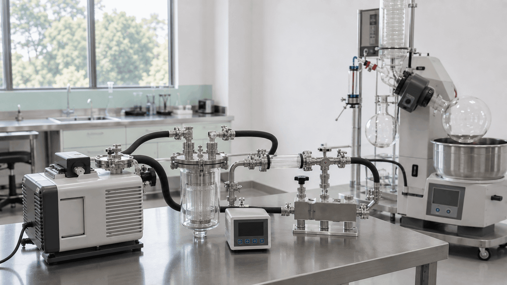 Laboratory extraction system with vacuum pump, glass vessel, tubing, and stainless steel fittings on a workbench.