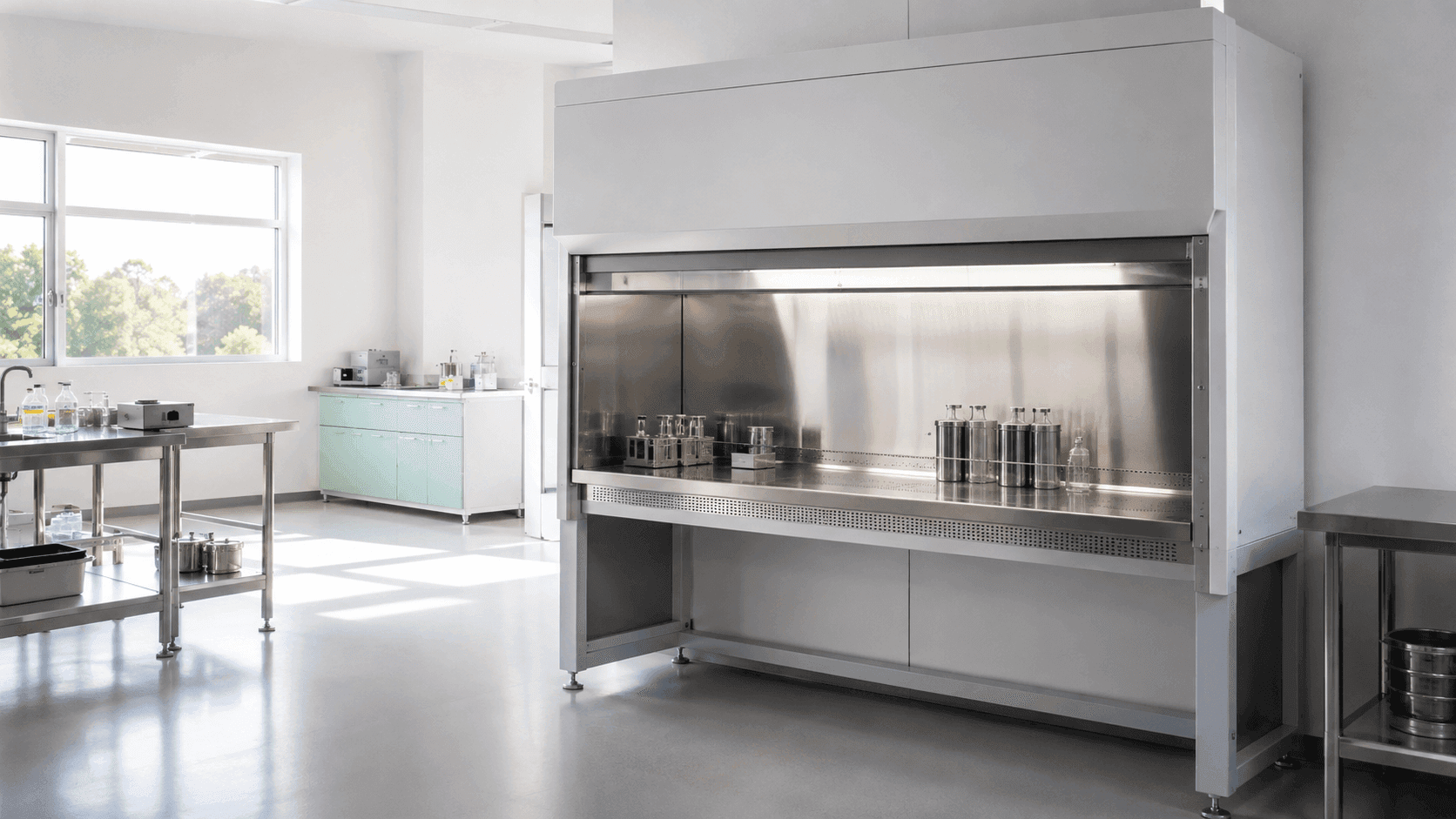 Large stainless steel laboratory fume hood with an illuminated work surface in a clean laboratory.
