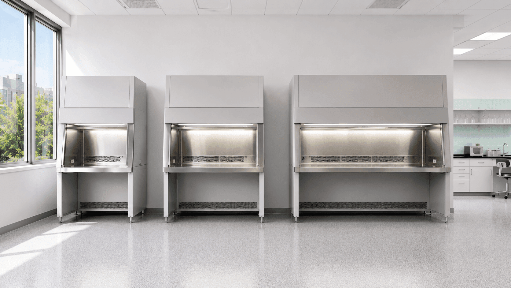 Three stainless steel laboratory fume hoods of different sizes installed along a laboratory wall.