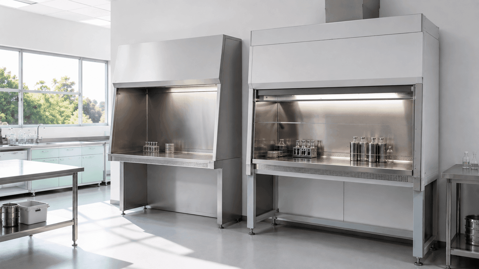 Two large stainless steel laboratory fume hoods positioned side by side in a bright laboratory.