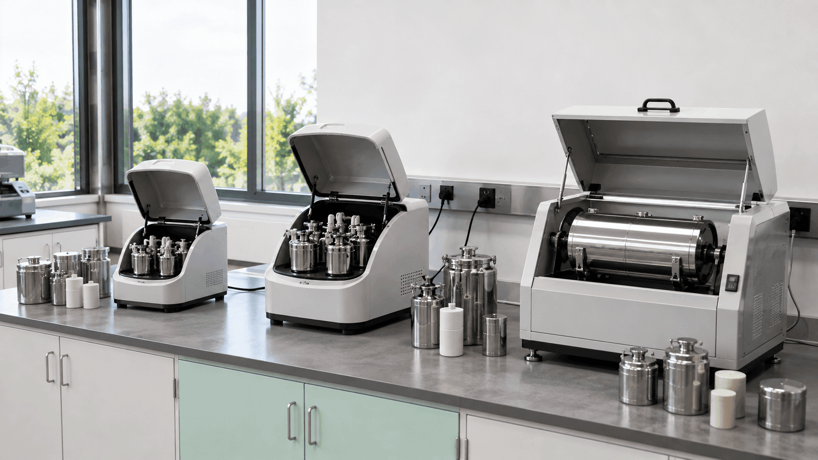 Multiple laboratory grinding mills with stainless steel processing containers arranged on a laboratory workbench.