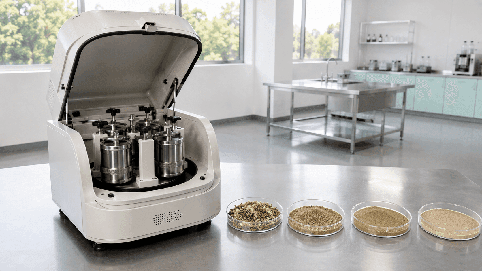 Laboratory milling machine with stainless steel containers and plant material samples in Petri dishes.