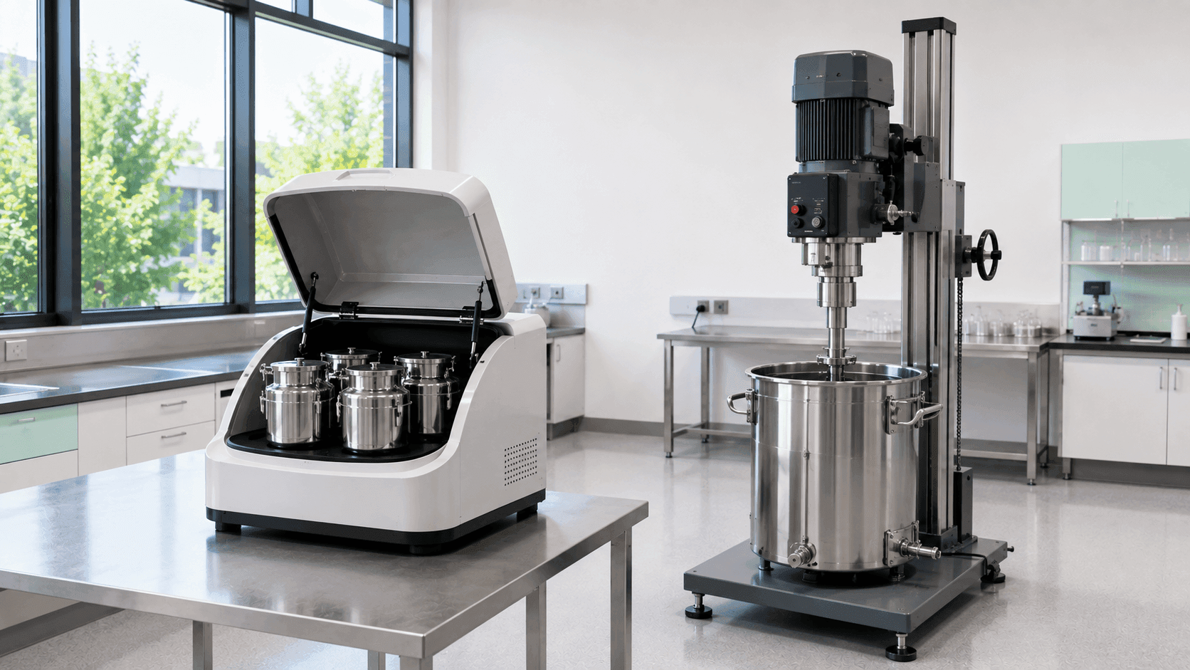 Laboratory milling equipment and large stainless steel mixing vessel in a clean processing lab.