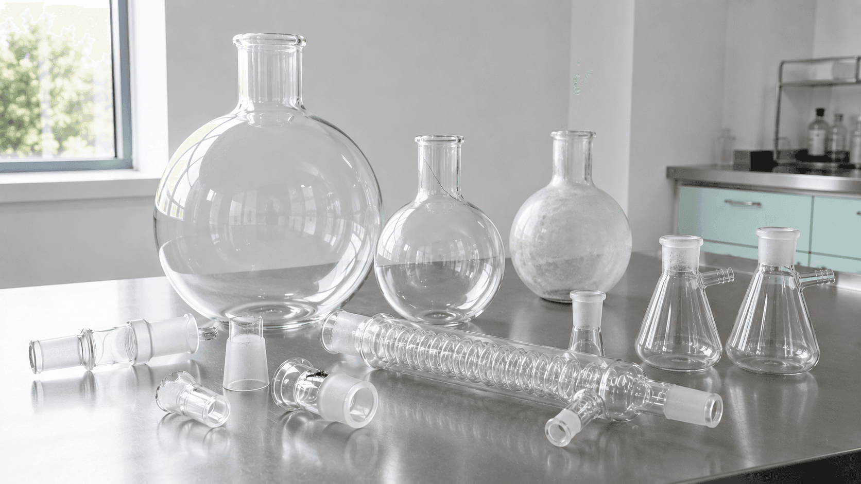 Laboratory glassware including round-bottom flasks, condensers, adapters, and filter flasks displayed on a stainless steel workbench.