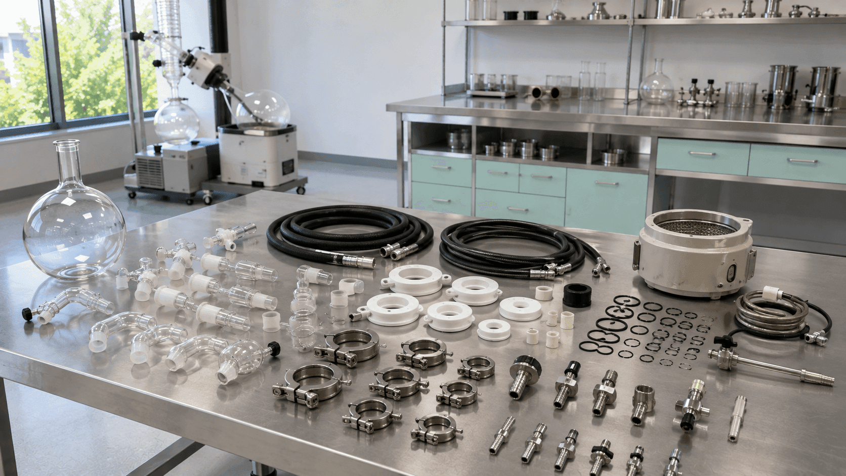Laboratory equipment components including glassware, hoses, clamps, seals, fittings, and heating equipment arranged on a stainless steel table.